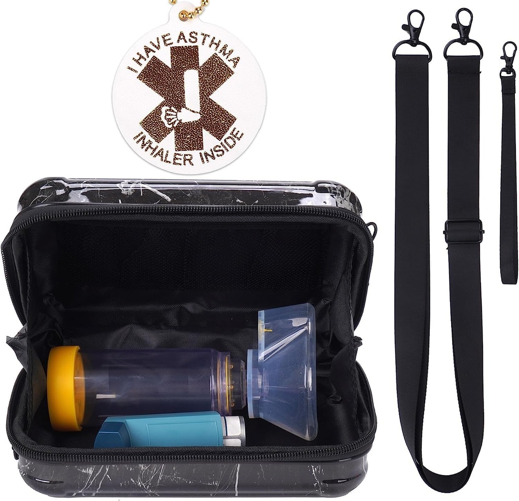 MGZNMTY 여행은 Asthma Inhaler, 아이들과 성인, 가면, 어깨 Crossbody 밧줄을 가진 홀더 부대 및 약 (만 케이스)를 위한 메시 주머니를 가진 Inhaler 간격 장치를 나릅니다 (검정 대리석)