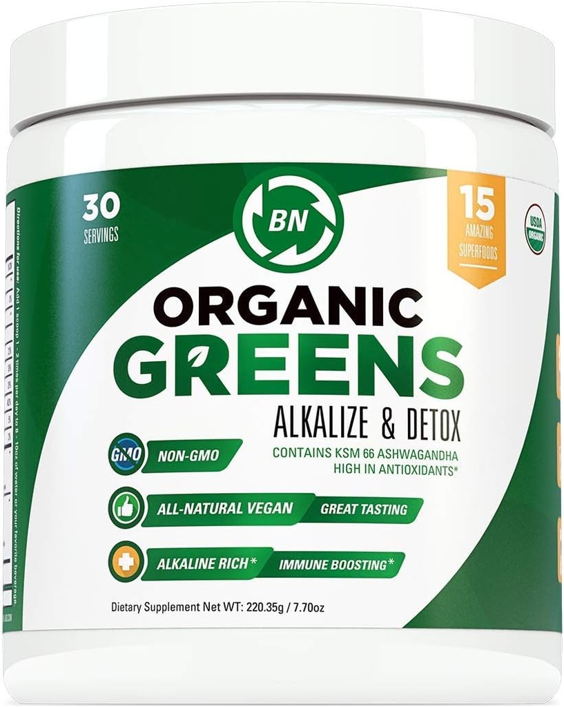 유기 녹색 분말 - USDA 유기 - 비 GMO - 15 Superfood - Spirulina, Matcha Green Tea 및 Ashwagandha - 30 서빙 포함 Detox 및 면역 건강 혜택