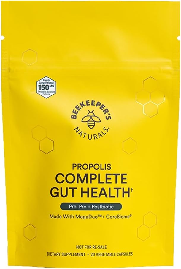 Beekeeper's Naturals Complete Gut Health, 3-in-1 Prebiotic, Postbiotic, 여성 및 남성을위한 소화 건강 및 Bloating Relief, Propolis 강화, 글루텐 프리 채식 캡슐, 20ct