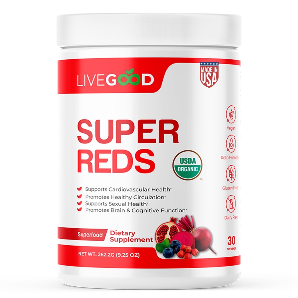 LIVEGOODTM 유기 슈퍼 레드 Alfalfa, Barley Grass, Beet Root, Pomegranite, 포도 씨앗, Vegan, 글루텐 무료, 9.25 Oz