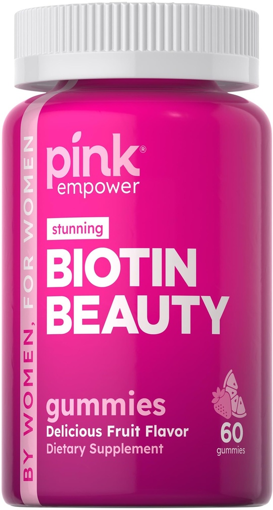 여성용 PINK Biotin Gummies | 60 개 | 모발, 피부, 손톱의 비타민 | 과일 맛 | 비 GMO & 글루텐 무료