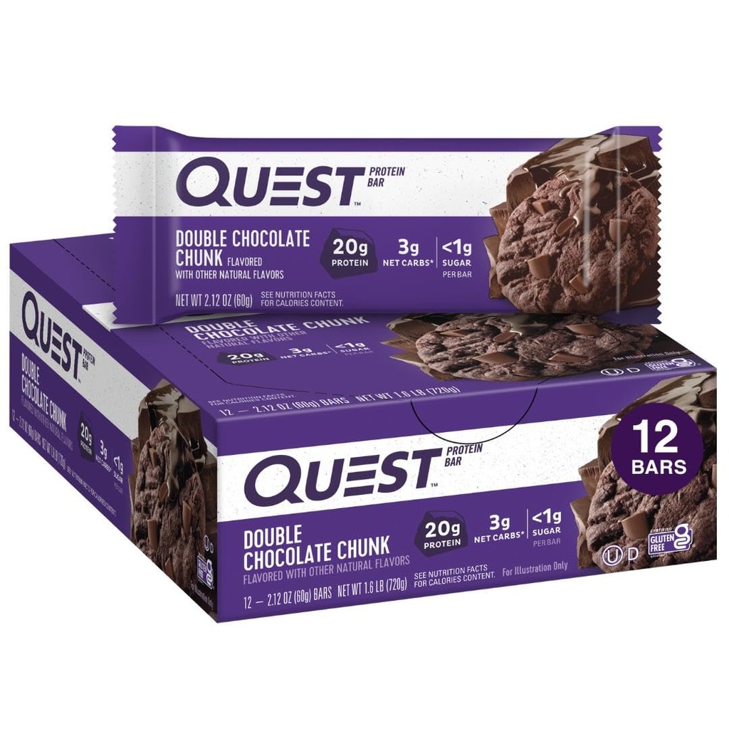 퀘스트 영양 더블 초콜릿 Chunk Protein Bar, 20g Protein Bar, 1g Sugar, 4g Net Carb, Gluten Free, Keto Friendly, 12 카운트