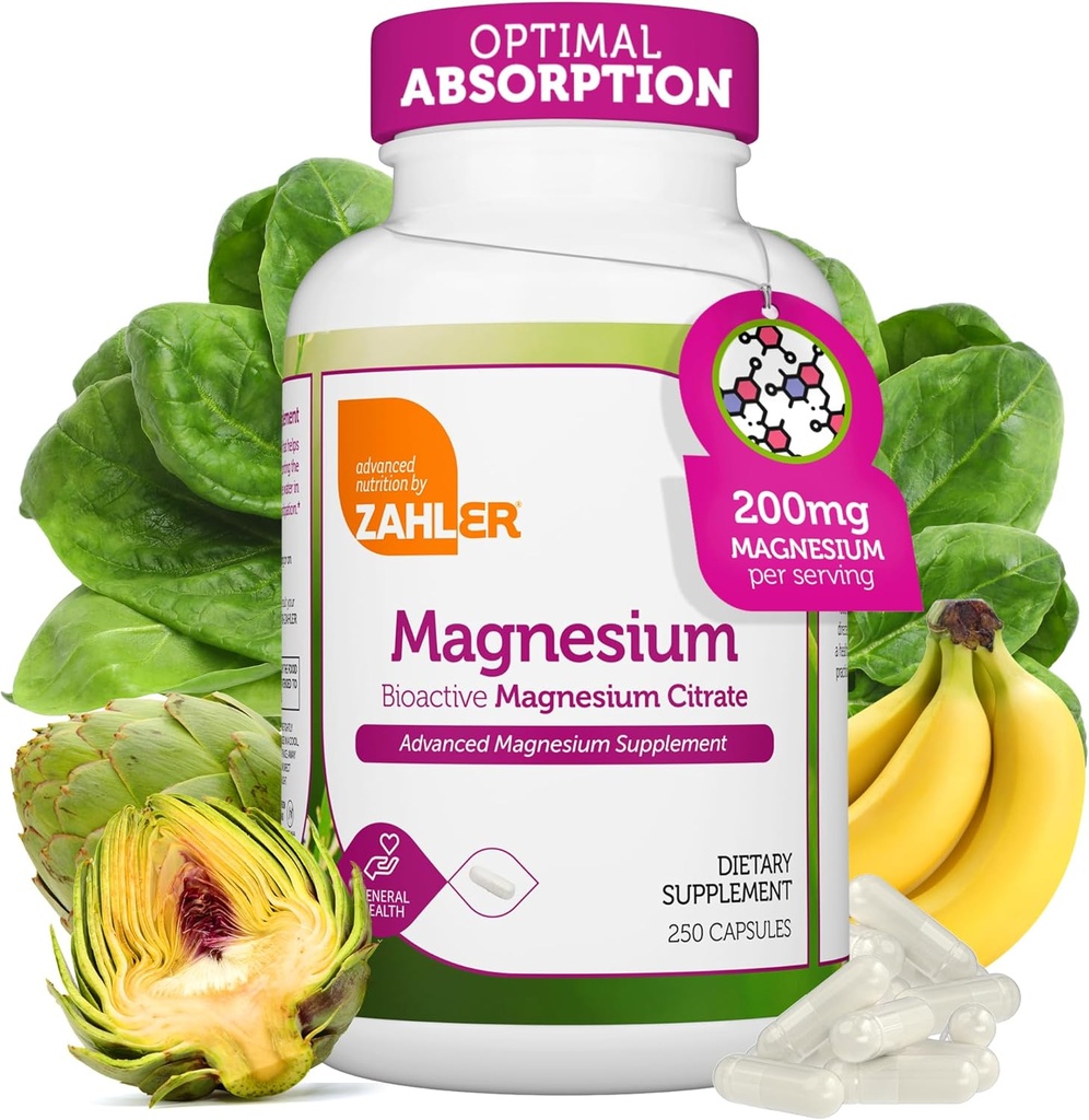 Zahler - 마그네슘 보충 캡슐 200 mg (250 카운트) 최대 흡수를위한 Kosher Bioactive 마그네슘 시트레이트 인증 - 남성 및 여성을위한 천연 마그네슘 미네랄 - 최고의 마그네슘 보충제
