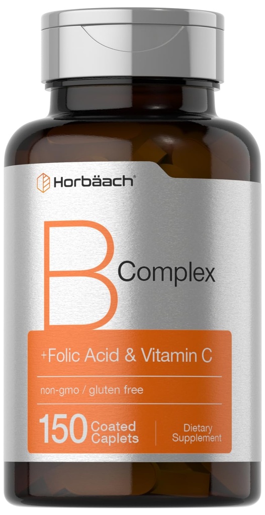 Horbaach B Complex Vitamins for Women and Men | 150 Caplets | Folic Acid & Vitamin C | Non-GMO 및 글루텐 무료 보충 교재