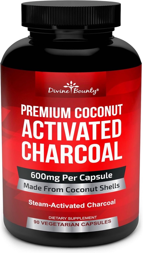 Divine Bounty 유기 활성화된 목탄 캡슐 - 600mg 코코넛 목탄 알약 - 90 Veggie Caps