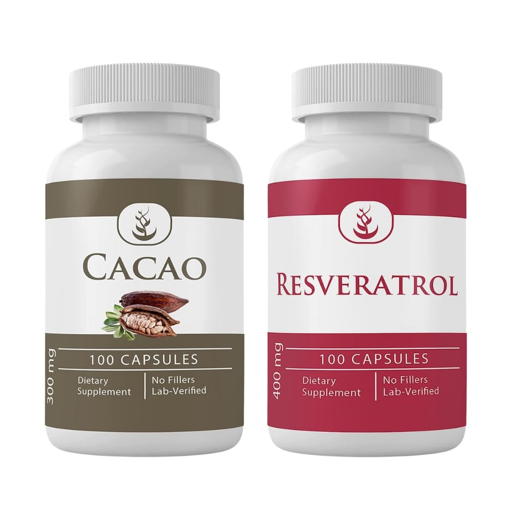 PURE ORIGINAL INGREDIENTS Cacao & Resveratrol 캡슐 번들 (100 캡슐 각), 첨가제 또는 필러 없음, 실험실 검증
