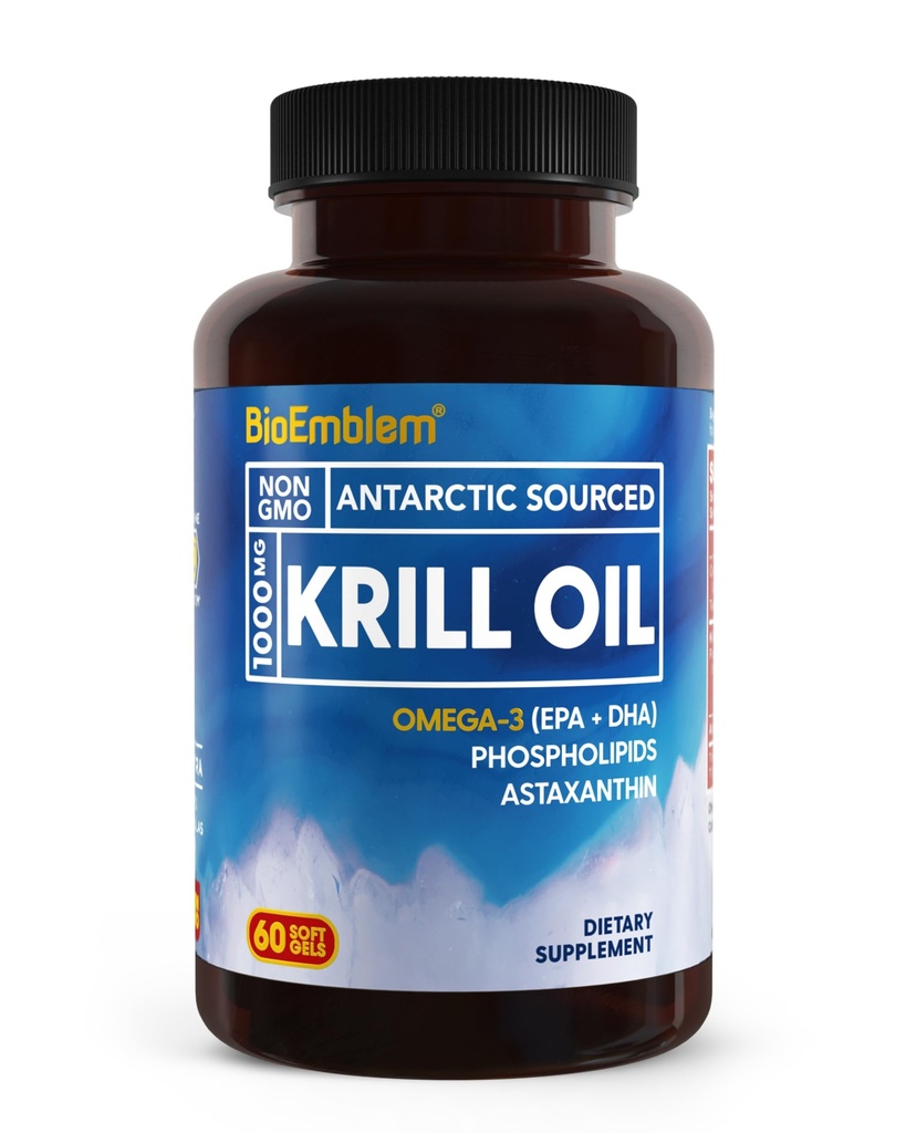 BioEmblem Antarctic Krill Oil Supplement | 1000mg | EPA+DHA, Astaxanthin, Phospholipids의 고수준을 가진 오메가-3 오일 | No Fishy Aftertaste | 60-Count Non-GMO Softgels