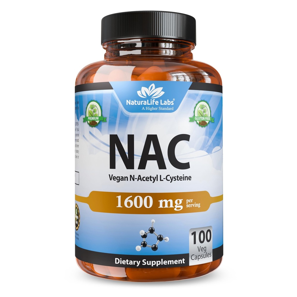 NaturaLife Labs N-Acetyl-L-Cysteine (NAC) 1600 mg - 100 캡슐, 비 GMO & 글루텐 자유로운