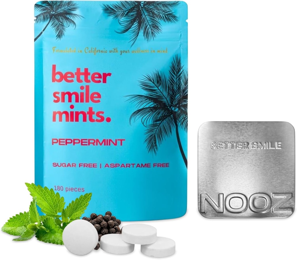 NOOZ Better Smile Mints – 180 Count | 구두 건강 및 신선한 호흡 지원 | Gum & Teeth Care, PH Balance | 슈가프리, 아스파르프리 | Peppermint flavor | 프리미엄 리필블 틴 포함