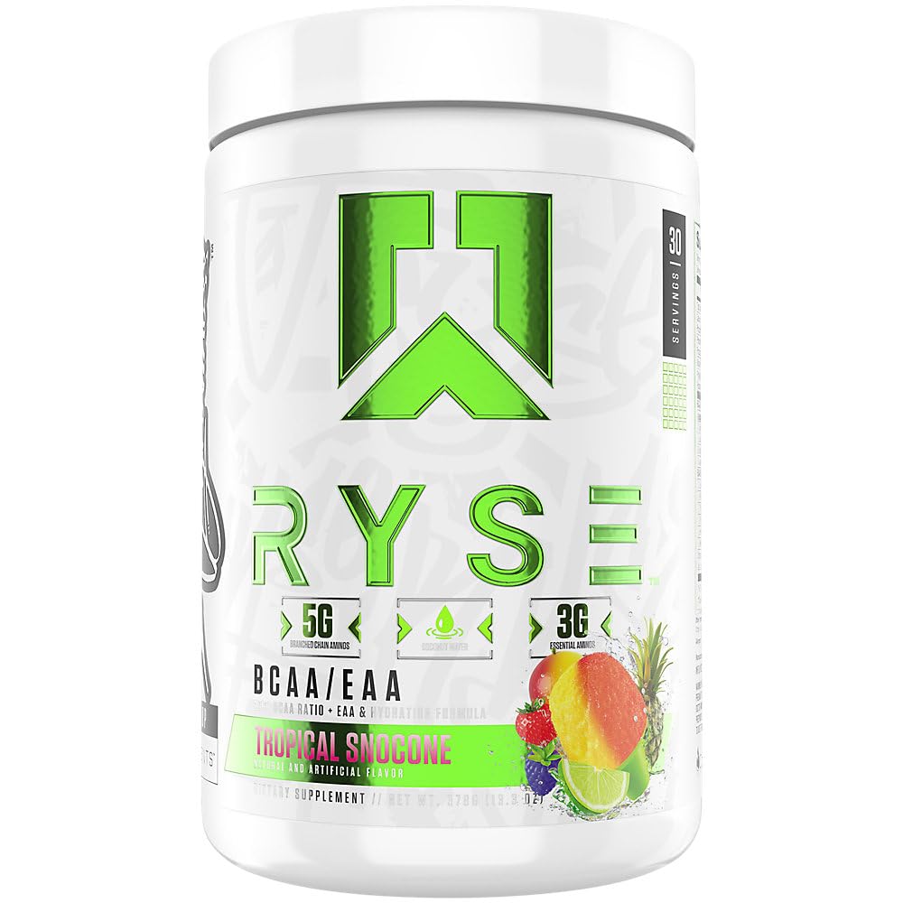 RYSE BCAA EAA 분말 - 열대 Snocone - 5g 분기된 사슬 아미노산, 3g 근본적인 아미노산, 근육 회복, 내구시간, Hydration 및 힘을 위한 설탕 자유로운 전해질 - 30의 서빙