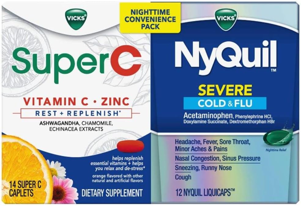 Vicks NyQuil 및 Super C Convenience 팩 : 최대 강도 냉간 및 불 구호를위한 NyQuil Severe 약, Vicks Super C Rest 및 Replenish 일상 보충, 26ct로 편리한 포장