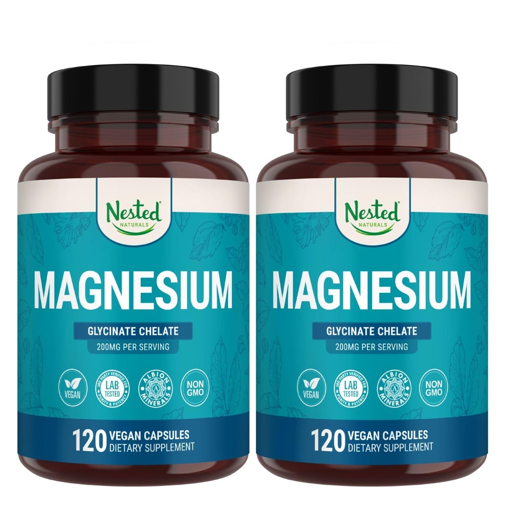 Nested Naturals Magnesium Glycinate Chelate - 근육 크림, 휴식, & 수면 지원을위한 200mg 킬레이트 마그네슘 보충 - 100 % Albion TRACCS 완충 마그네슘 글리세라이드 - 240 Vegan 캡슐