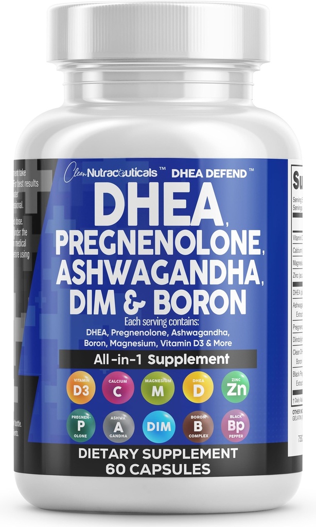 DHEA 200mg 보충교재 Pregnenolone DIM Ashwagandha Boron 6mg 복잡한 칼슘 마그네슘 아연 50mg 비타민 D3 5000 IU 호르몬 지원 캡슐 알약 미국에서 만드는 60 조사