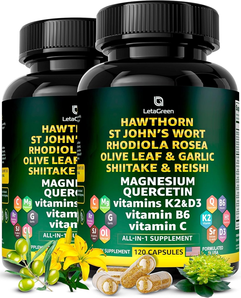 유기 호손 베리 캡슐 - St Johns Wort Rhodiola Rosea Olive Leaf Shiitake Reishi Mushroom Quercetin & Vitamin C, D3, K2, B6 및 마그네슘 (240 카운트)
