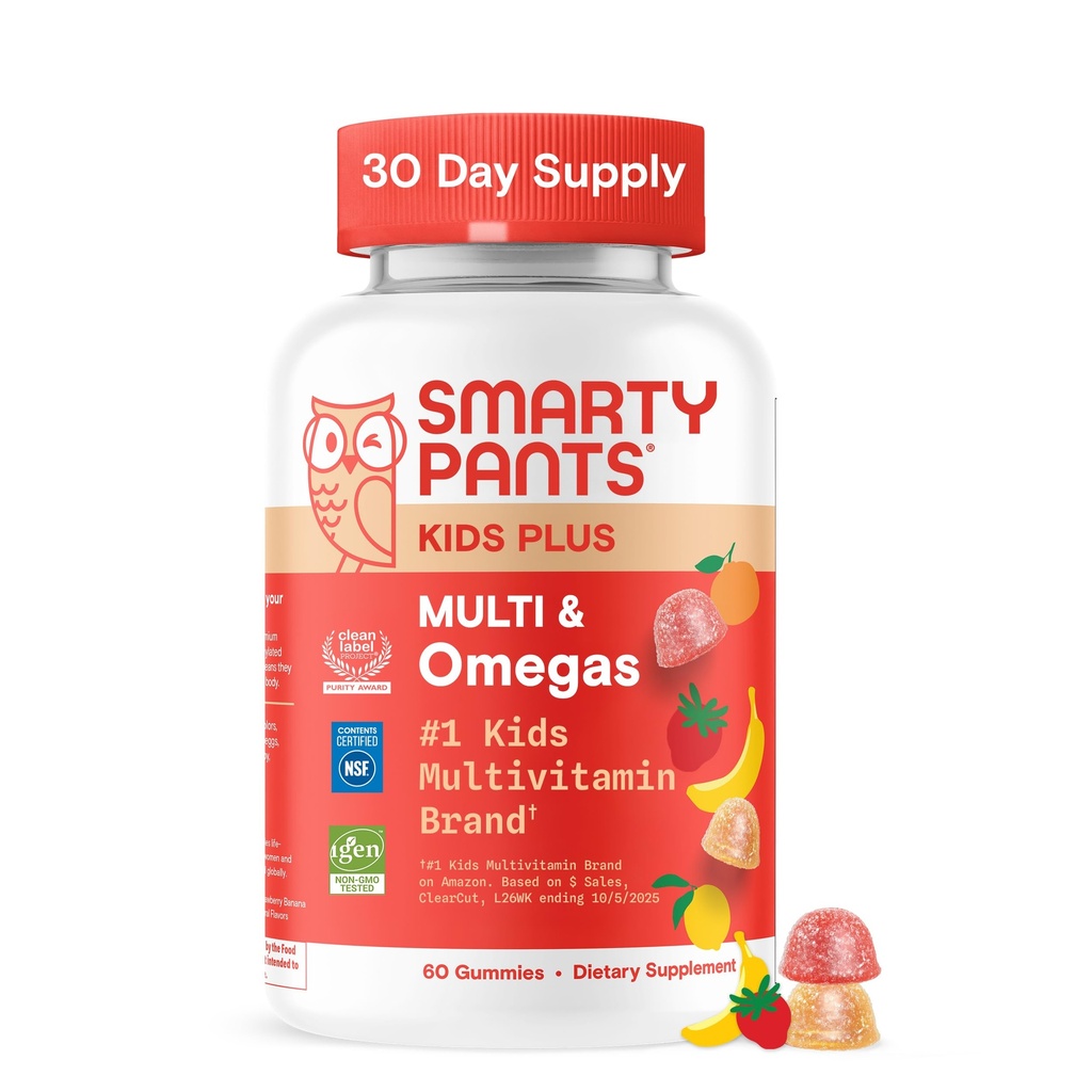 SmartyPants Kids Multivitamin Gummies - 향상된 공식 : 오메가 3 (DHA / EPA), 비타민 D3, C, B12, B6, 비타민 A, K & 아연, 글루텐 무료, 세 과일 맛, 60 개 (30 일 공급)