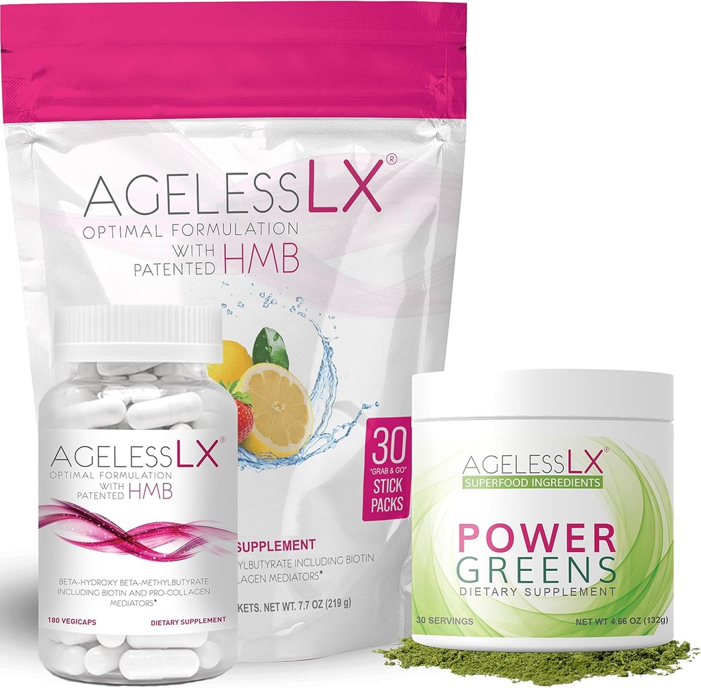 AgelessLX Biotin 보충교재 캡슐, Strawberry Lemonade & 힘 녹색 분말 뭉치 - 노화 방지 보충교재