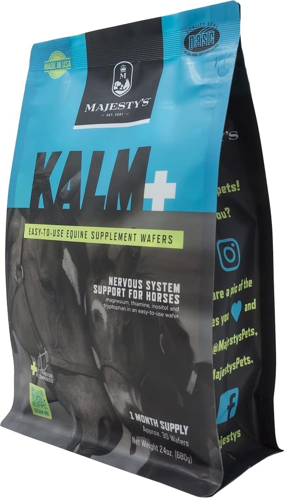 Majesty's Kalm Wafers - 지원 말 / Equine 균형 잡힌 행동 및 정상 신경 시스템 기능 - Tryptophan, 비타민 B1, 겨울 체리, Inositol - 30 개 (1 개월 공급)