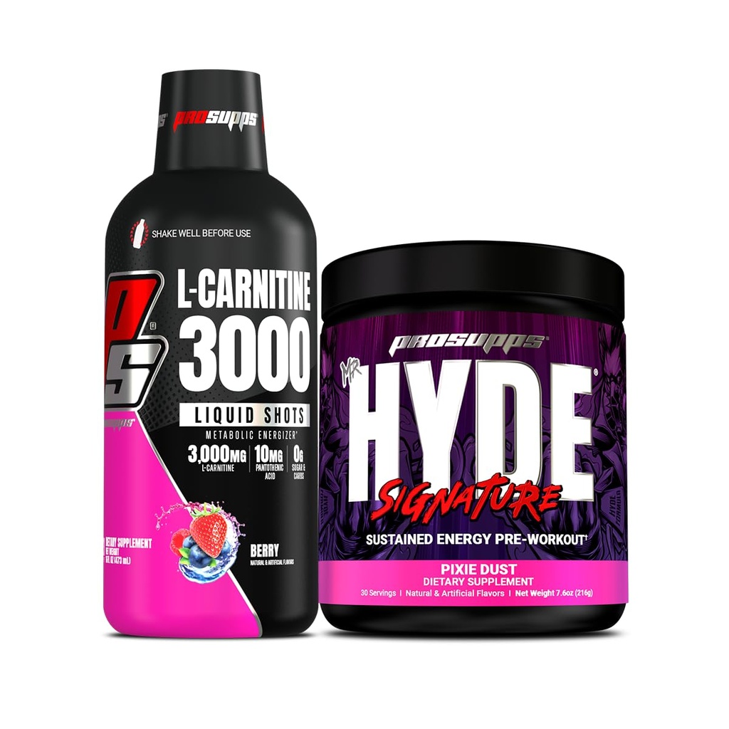 PROSUPPS L-Carnitine 3000 자극제 자유로운 액체 탄 (31의 서빙, 베리)와 Mr. Hyde 서명 시리즈 전 운동 에너지에 의하여 분말되는 음료 (30의 서빙, Pixie 먼지) 뭉치