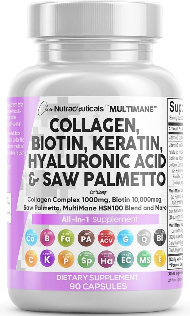 청결한 Nutraceuticals 교원질 알약 1000mg Biotin 10000mcg Keratin는 Palmetto Hyaluronic 산을 보았습니다 - 비타민 E Folic 산 호박씨 MSM - 90 조사를 가진 머리 피부 & 못 비타민 & DHT 차단제