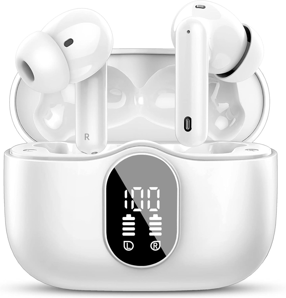 Btootos 무선 이어폰 Bluetooth 5.4 헤드폰 베이스 스테레오 이어 버드와 소음 차단 마이크 LED 디스플레이 IP7 방수 36H 재생 노트북 패드 전화 스포츠 운동 화이트