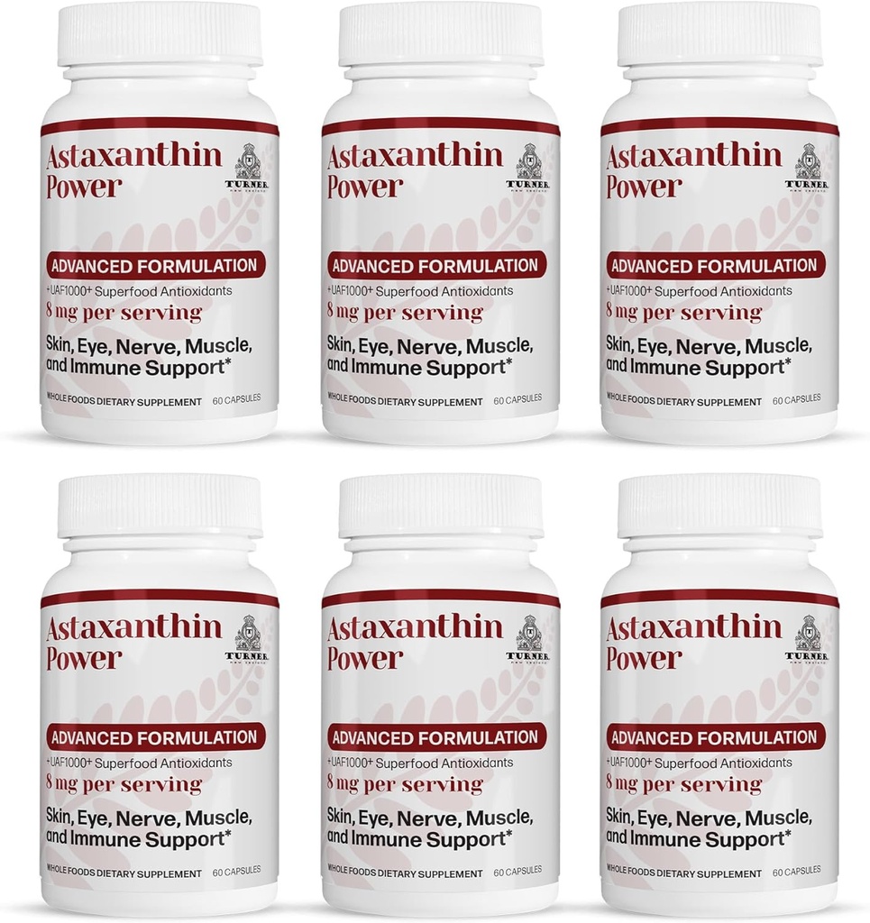 UAF1000+, 노화 방지, 피부, 눈, Nerve, 근육 회복, Immune 지원 산화 방지제 보충교재, 12mg Astaxanthin, 180의 서빙, 6개의 병을 가진 TURNER 뉴질랜드 Astaxanthin 힘