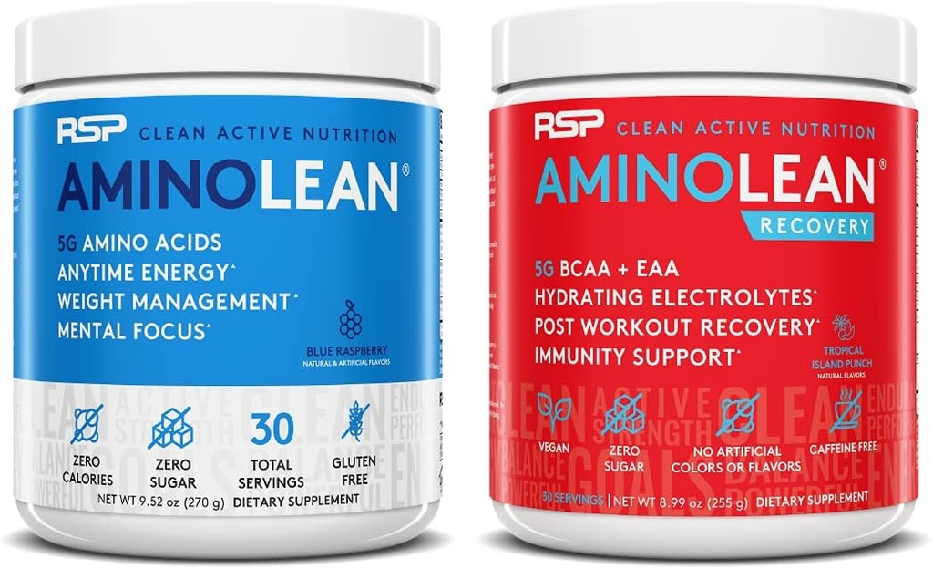 RSP NUTRITION AminoLean Pre Workout Energy (블루 라즈베리 30 서빙) AminoLean Recovery Post Workout Boost (Tropical Island Punch 30 서빙)