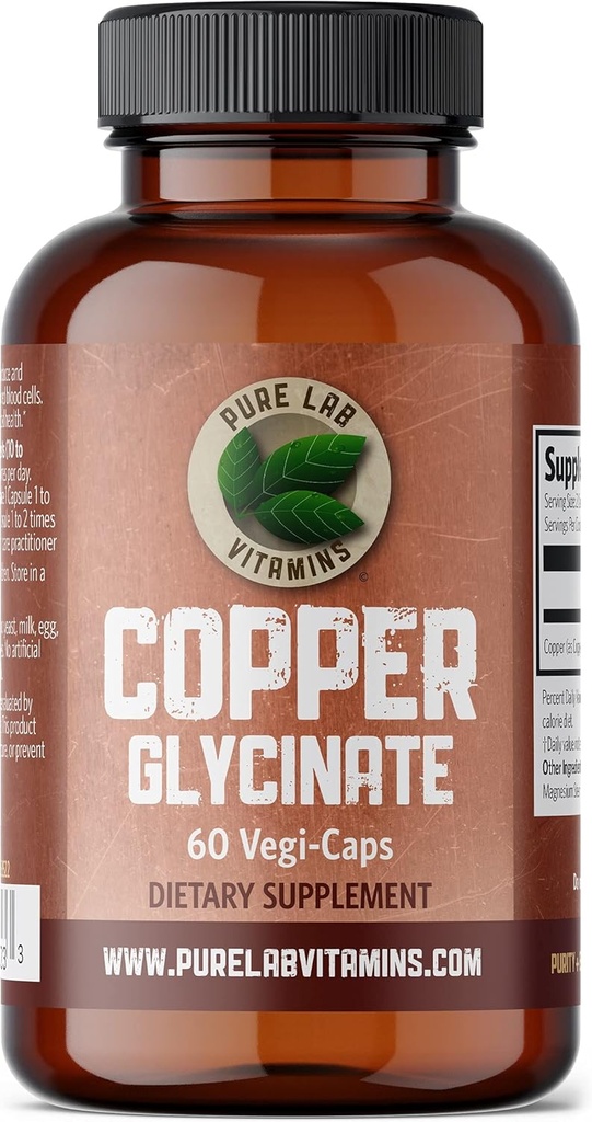 Pure Lab Vitamins Copper Glycinate Mineral Supplement -1 mg - 60 Vegan Caps Collagen Production, Immune System & Red Blood Cell Formation 지원 - 캐나다에서 만든 글루텐 무료