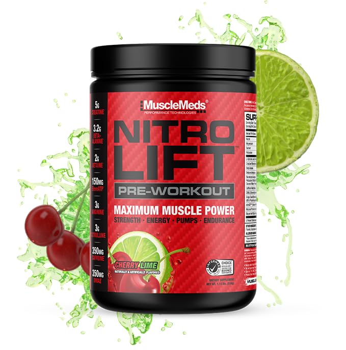 MuscleMeds Nitro Lift Pre 운동 강화 내구력 및 근육 성능, Cherry Lime, 40 서빙