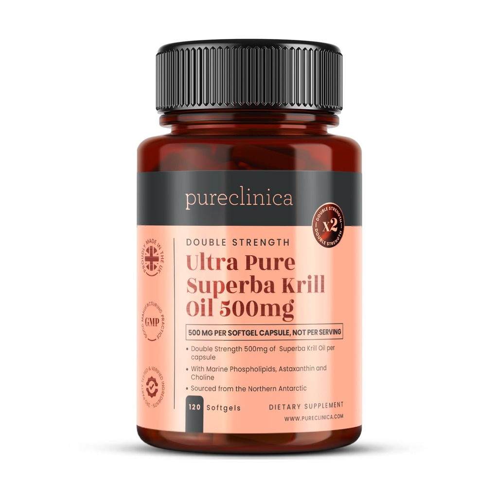 Ultra Pure Superba Krill Oil 500mg x 120 캡슐 - 아스타잔틴, 오메가 3 및 비타민 D의 풍부한 공급을 제공하는 남극의 Unpolluted 물에 Sourced