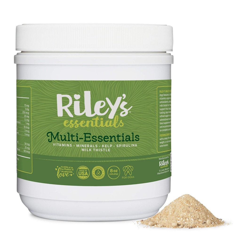 Riley의 멀티 - Essentials Multivitamin for Dogs - 비타민, 미네랄, Spirulina, Kelp 및 영양 지원을위한 우유 이틀 - 강아지와 노인 개 비타민 - 8oz 분말
