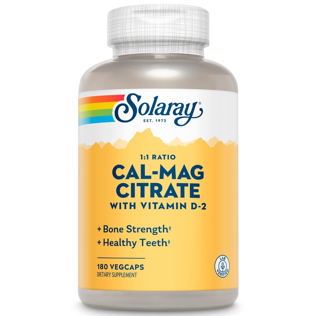 SOLARAY 칼슘 마그네슘 구연산염 1:1 비율 w/Vitamin D 2 - 여성과 남자를 위한 칼슘 보충교재 - 칼슘 1000mg, 마그네슘 1000mg - 뼈 건강 지원 - 60 일 보장, 30의 서빙, 180의 VegCaps