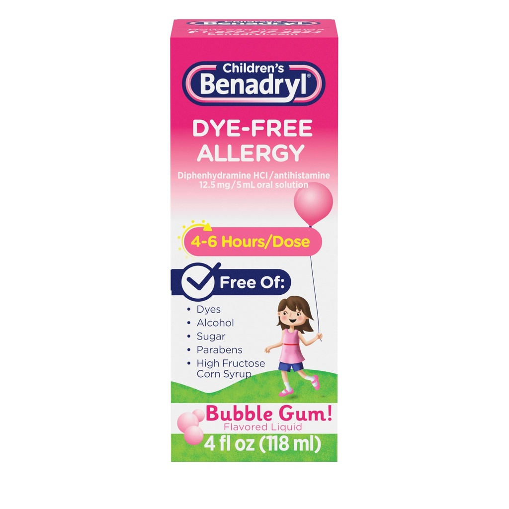 아이들의 Benadryl 염료 자유로운 알레르기 기복 액체 + 12.5 mg Diphenhydramine HCl, 아이를 위한 Antihistamine 알레르기 약은 Runny Nose & Sneezing, 거품 껌 풍미, 4개 fl. oz를 구호합니다