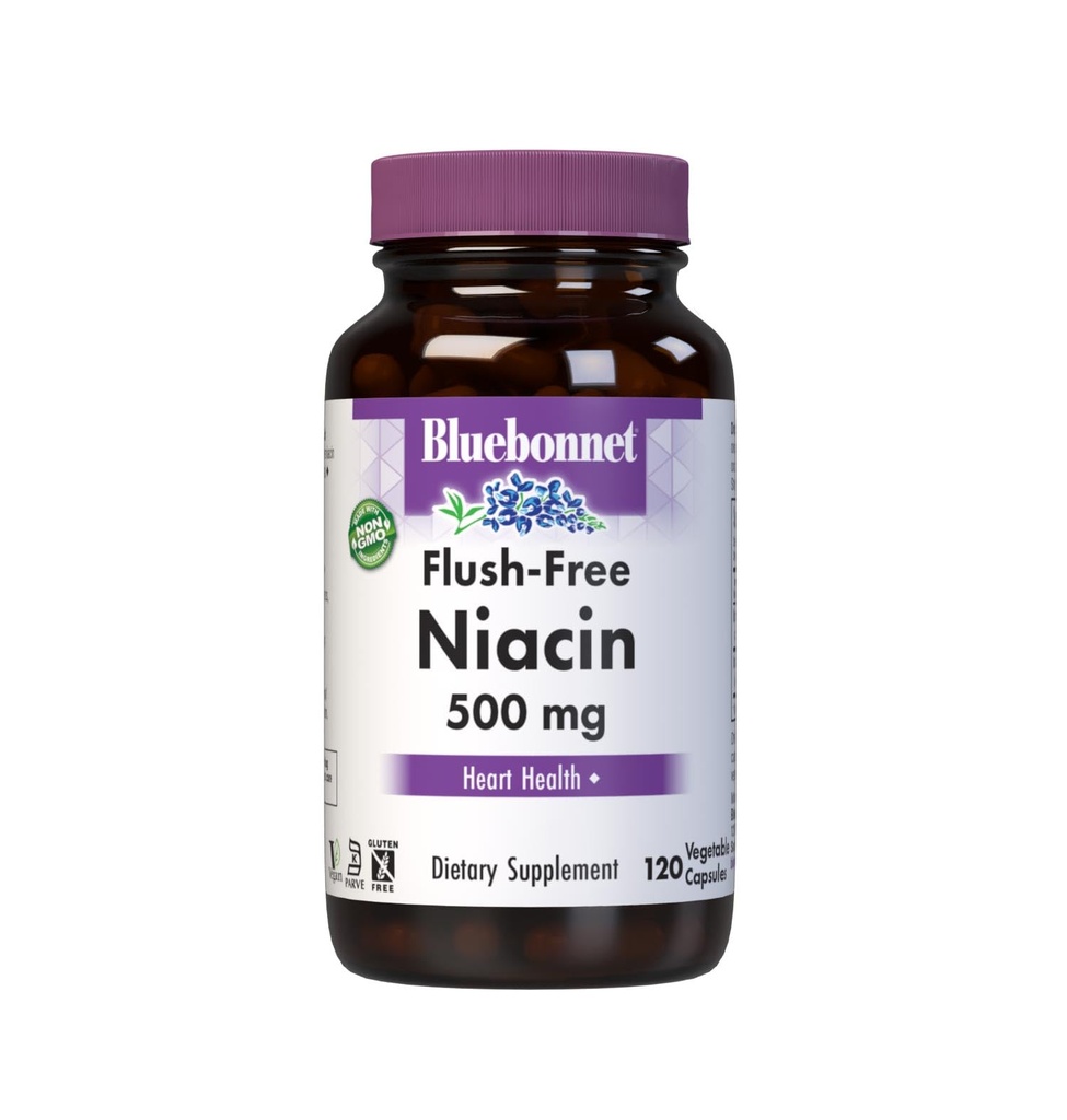 BlueBonnet Nutrition Flush-Free Niacin 500mg, 영양 심혈관 지원 야채 캡슐, Soy/Dairy/Gluten 무료, Non-GMO, Kosher 인증, Vegan, 화이트, 120 조사