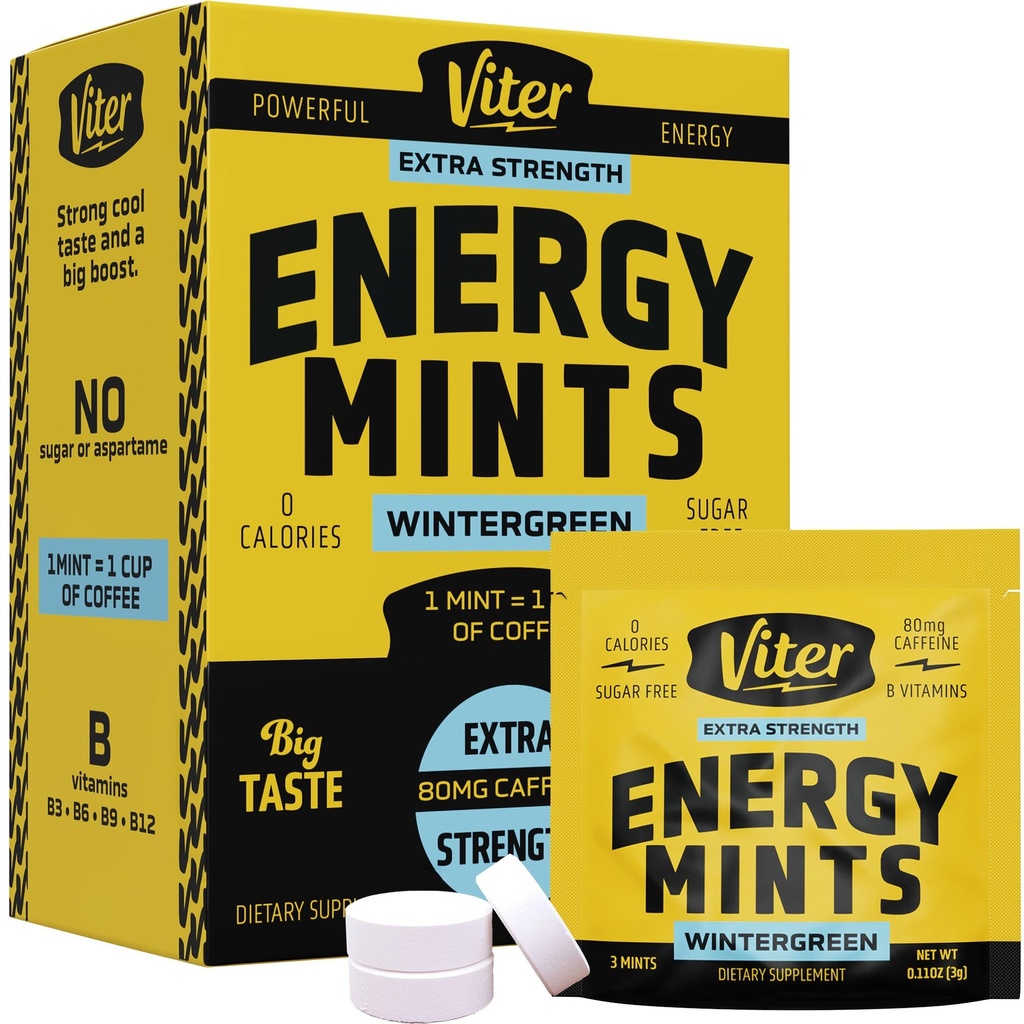 Viter 에너지 Caffeine Mints 80mg 여분 힘 - B 비타민과 Caffeinated 90 조각. Sugar Free Vegan Breath Mint. 빠른 Alertness (겨울 녹색 맛, 30 팩)에 Nootropic Focus Booster를 Energize