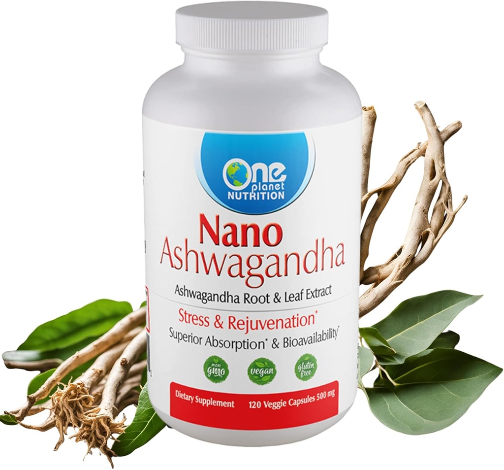 1개의 행성 영양 Nano Ashwagandha 뿌리 & 잎 500 mg Veggie 캡슐 (120의 서빙), 10:1 추출물, 긴장 기복, 비 GMO, Vegan, 글루텐 자유로운을 위한 호르몬 & 신경 기능 지원