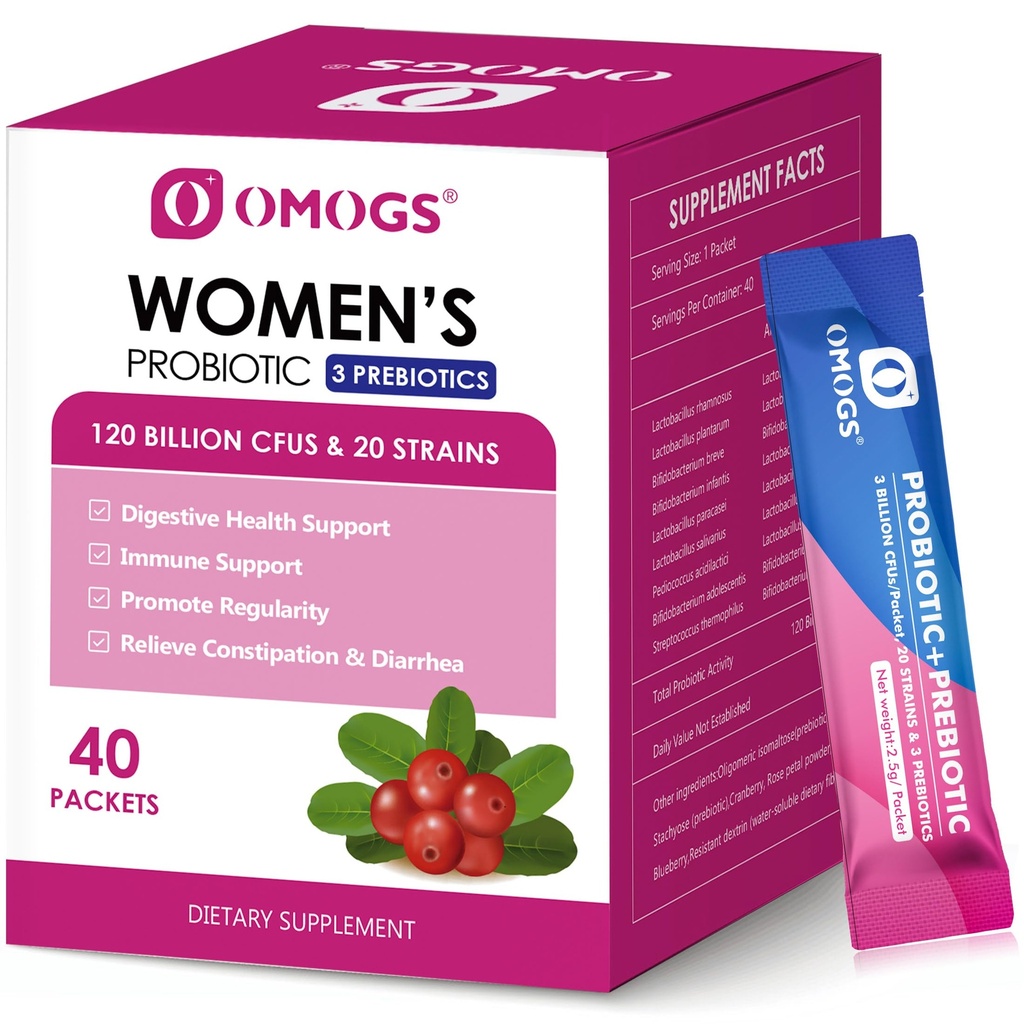 OMOGS Women's Probiotic,120-Billion-CFUs, 18 Strains, 3 Prebiotics 및 Cranberry Extract, 면역 부스터, 소화 건강, Gut 건강 및 질 건강에 대한 도움말