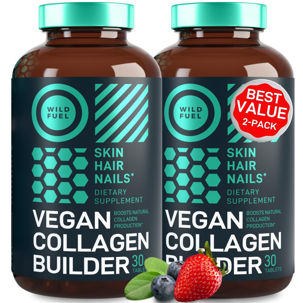 Vegan Collagen Booster Tablet - Cruelty-Free Vegan Collagen Supplements - Biotin, Organic Superfood, 피부를위한 식물 기반 Collagen 비타민, 헤어, 손톱 - 2-Pack, 60 Vegeterian Collagen Boost 알약