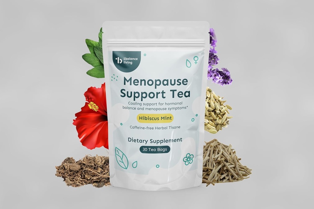Menopause 지원 차 | 핫 플래시, 나이트 스웨터, 무드 스윙, 편안한 수면 | 블랙 코호시, 레드 클로버, 시음 | 100 % 유기농 | 히비스커스 민트 맛 | 30 티백
