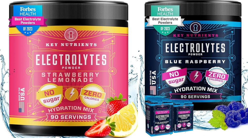 KEY NUTRIENTS Electrolytes Powder Ultimate Hydration & Wellness Bundle - Juicy Strawberry Lemonade & Sweet Blue Raspberry Electrolyte Powders - Zero Sugar, Keto-Friendly, 90 매각