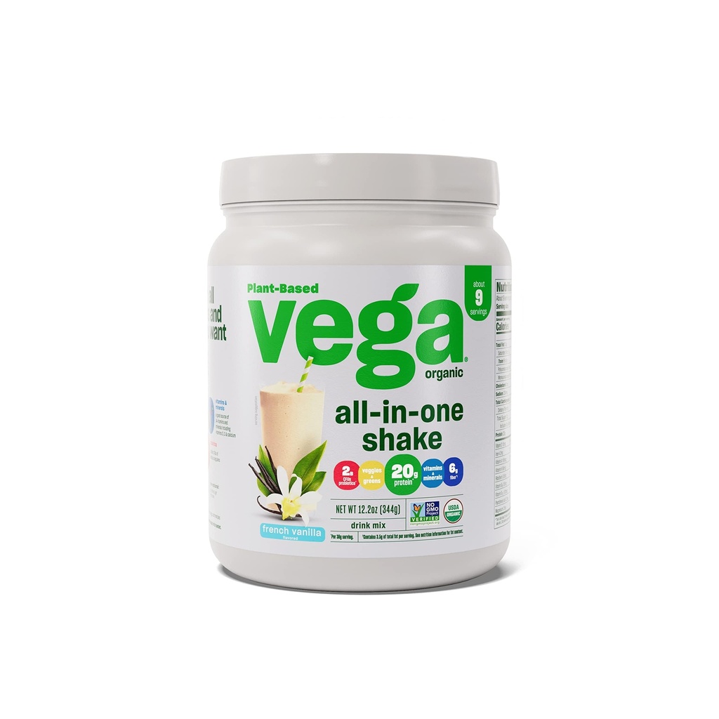 Vega Organic All-in-One Vegan Protein Powder, French Vanilla -Superfood Ingredients, 면역 지원을위한 비타민, 여성 및 남성용 완두 단백질, 12.2 oz (포장 May Vary)
