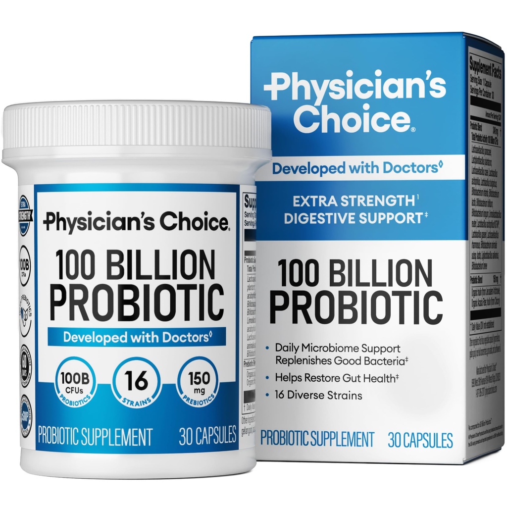 Physician 's CHOICE 100 억 고급 프로 바이오 틱 - 16 Strains + 유기 프리 바이오 틱 - 소화 및 구트 건강 - Occasional 변비, Diarrhea, Gas & Bloating 지원 - 여성 및 남성을위한 프로 바이오 틱스