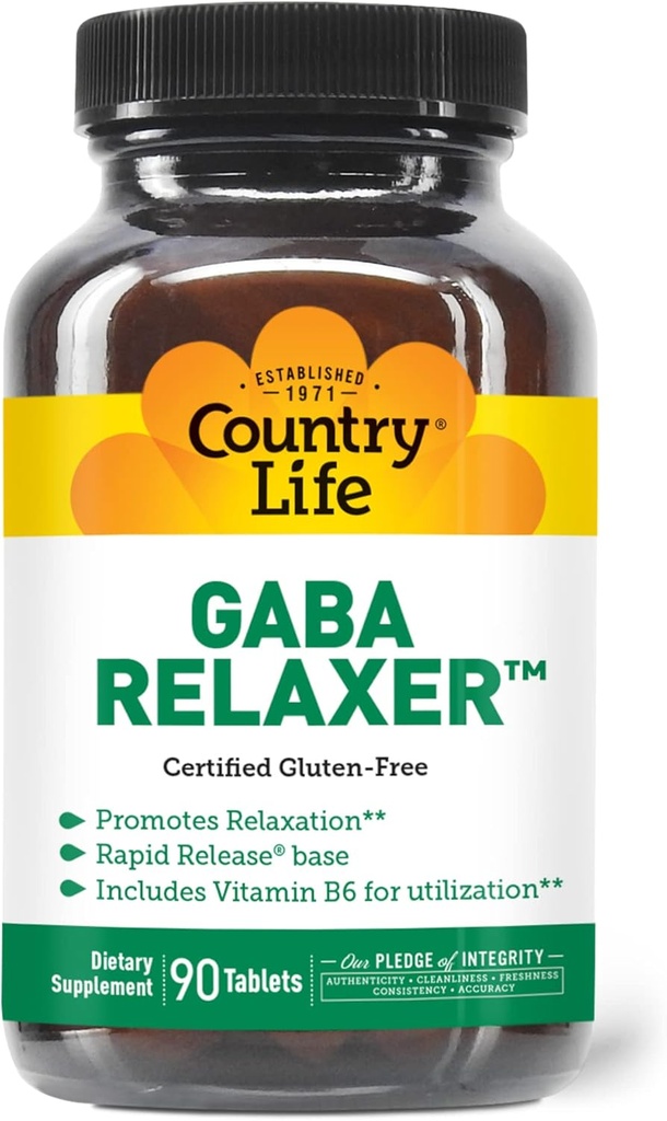 Country Life GABA Relaxer – 90 Tablets | Relaxation, Stress & Sleep Support를 위한 급속한 방출 공식 | GABA, Amino Acids & B Vitamins | 인증된 Vegan, Gluten-Free, Non-GMO