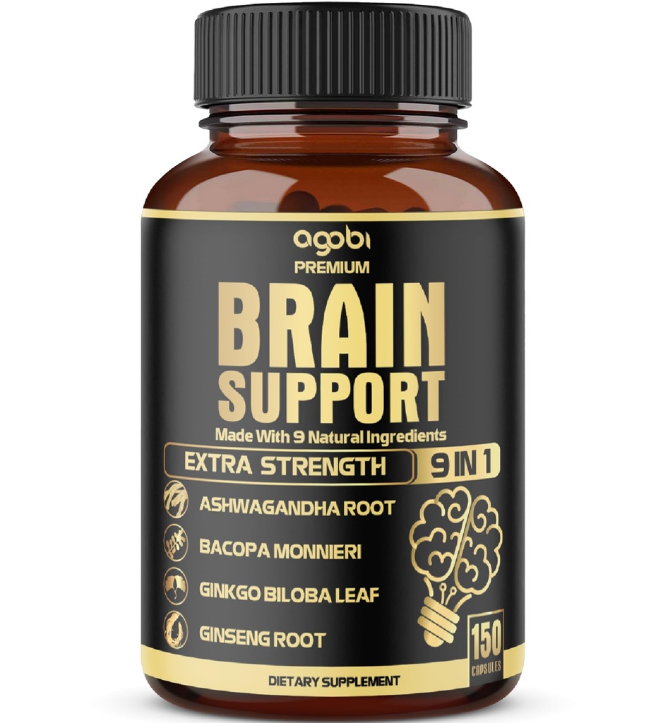 agobi 9in1 Brain Support Supplement - Ashwagandha, Panax Ginseng, Gotu Kola, Ginkgo Biloba, Black Pepper & More - 정확도, 초점, 메모리 및 에너지 부스터와 혼합 - 5 개월 동안 150 캡슐