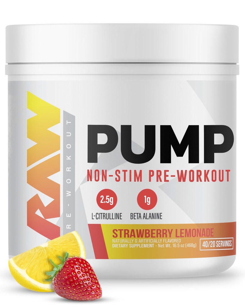 RAW 펌프 Stim 무료 사전 운동 (Strawberry Lemonade) - Non-Stimulant Pre Workout Supplement Powder Nitric Oxide Booster - 운동 중에 사전 운동 보충제 음료 - 40 서빙