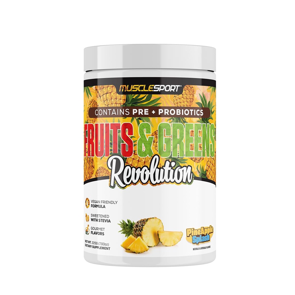 Musclesport Fruits & Greens - 과일, 야채 및 산화제 보충교재, 밀 잔디 및 Spirulina를 포함하여, 추가한 섬유 및 Probiotics - 30의 서빙 (Pineapple Splash)