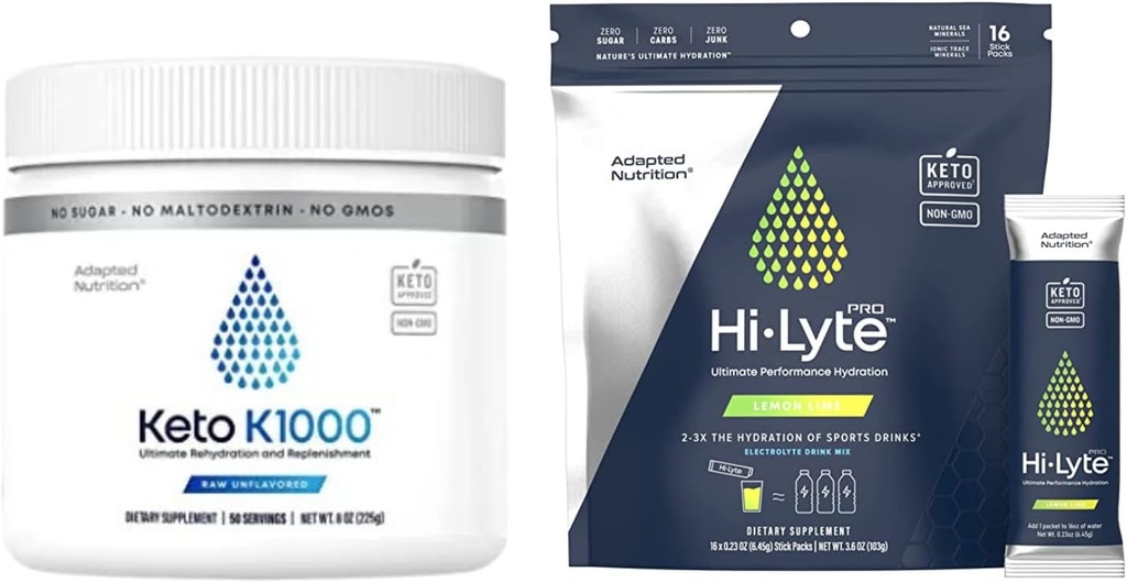 Hi-Lyte Keto K1000 Electrolyte Powder | 히라이즈 보충 음료 믹스 | 익지않는 광채, 스테비아 | 50 인분 | 플러스 프로 히러시 팩, 16 개별 음료 팩 | 레몬 라임