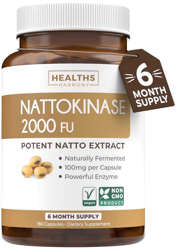 건강 하모니 Nattokinase 2000 FU (Non-GMO) 강력한 Nattokinase 보충 자연적으로 발효 된 Soybeans에서 만든 - (6 개월 공급) 180 Vegan Natto 캡슐