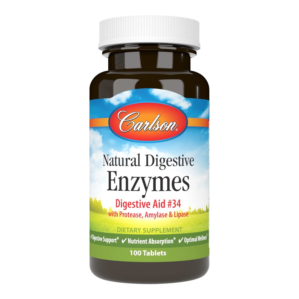 Carlson - Natural Digestive Enzymes, Protease, Amylase & Lipase, Digestive Support, Nutrient Absorption & Optimal Wellness, 100 정제가있는 Digestive Aid #34