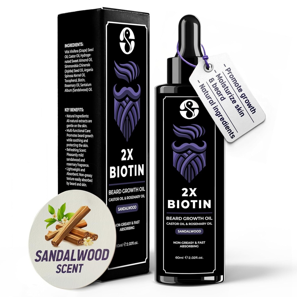 Biotin 농축 수염 농축기 및 연화제 - 캐스터 오일, 로즈마리 오일, 비타민 2oz - 남성 샌들우드 냄새