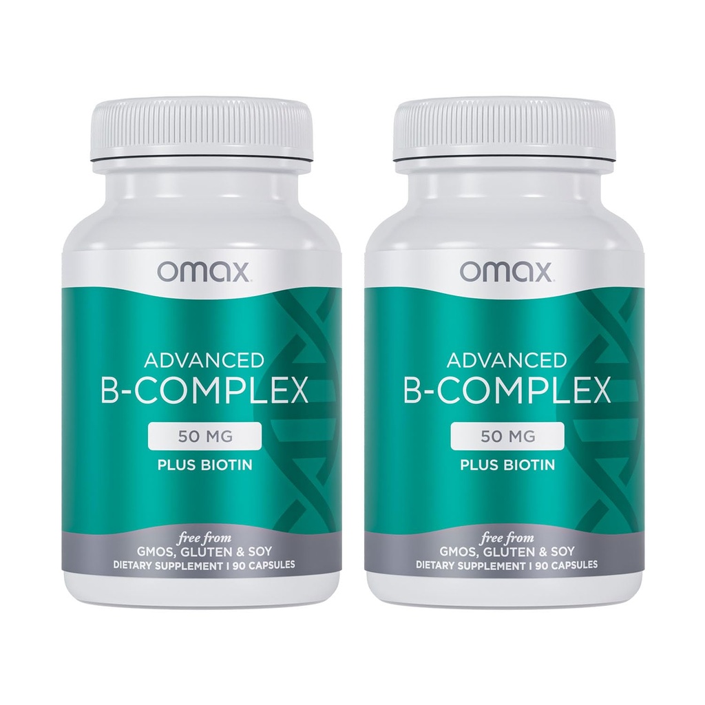 Omax3 2 병 - Biotin와 고급 비타민 B 복합체 50MG | 강력하고 빛나는 헤어, 피부 손톱, 지원 스트레스, 면역, 에너지 대사, 90 캡슐 / 병